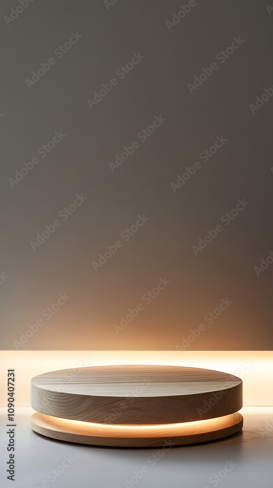 Poster 20. a simple wooden podium with soft lighting from beneath, creating an open, spacious display area 