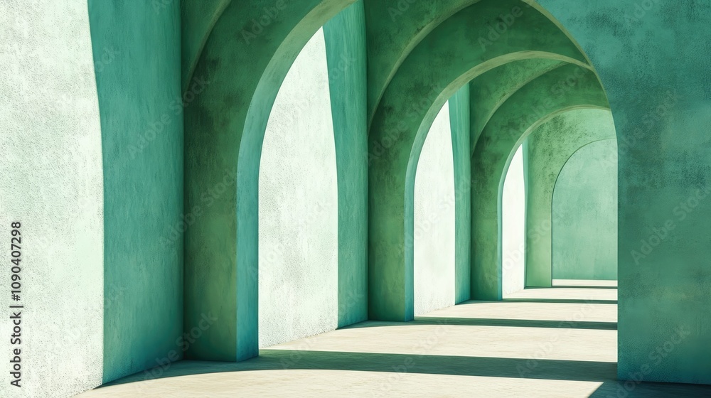 Poster serene architectural space with elegant arches and soft green walls, creating an inviting atmosphere