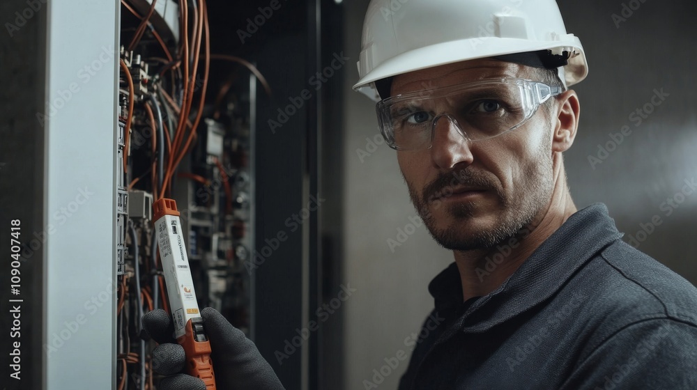 Poster a portrait of an electrician in a hard hat and safety glasses, holding a voltage tester and looking 