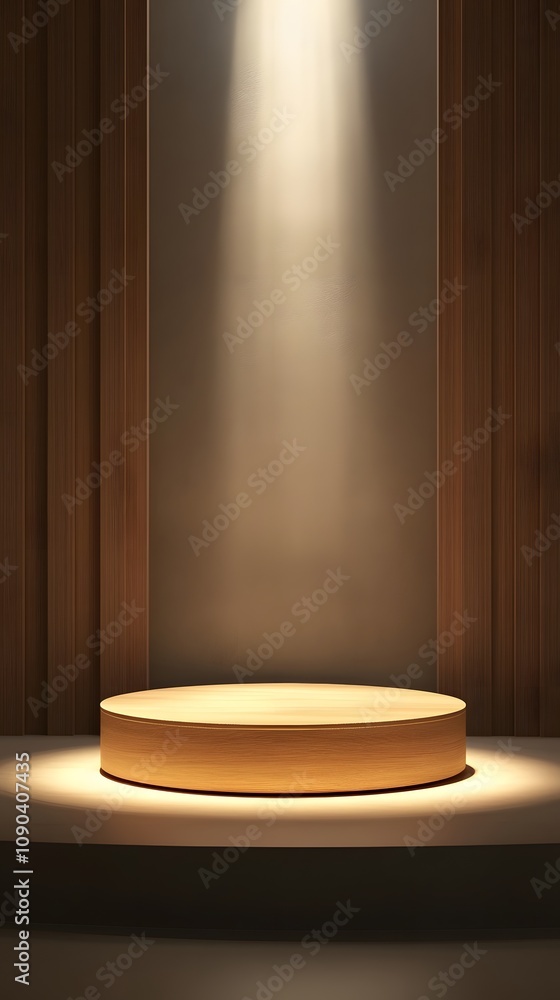 Poster 20. a simple wooden podium with soft lighting from beneath, creating an open, spacious display area 