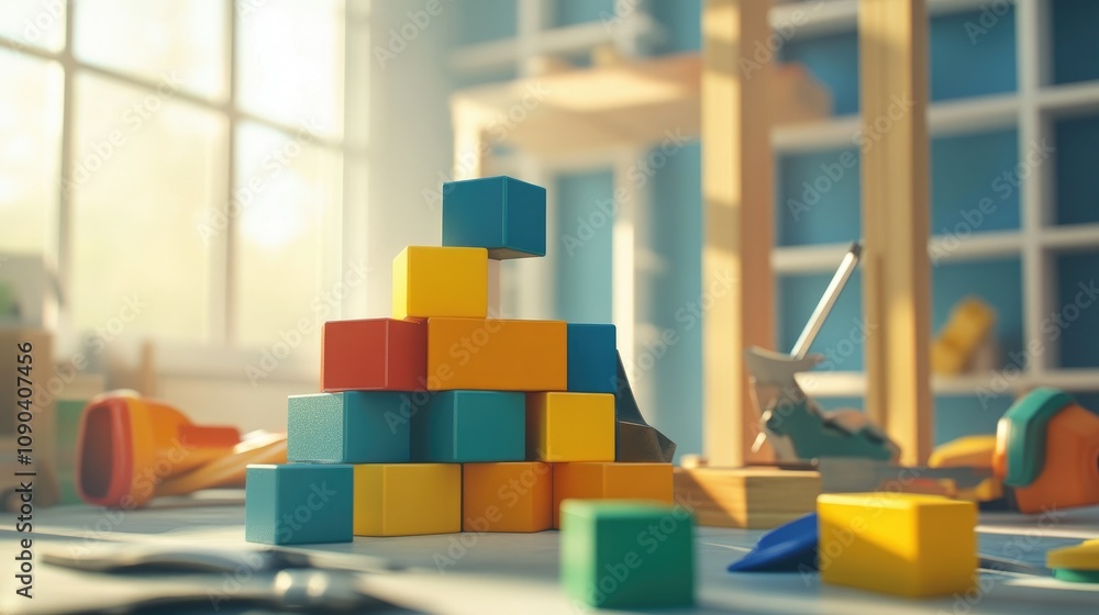 Poster colorful building blocks stacked on a playful table in a bright and cheerful workspace surrounded by