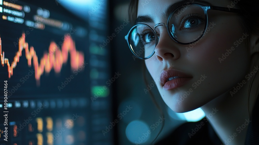 Poster young woman analyzing stock market data on computer screen with graphs and charts in a modern office