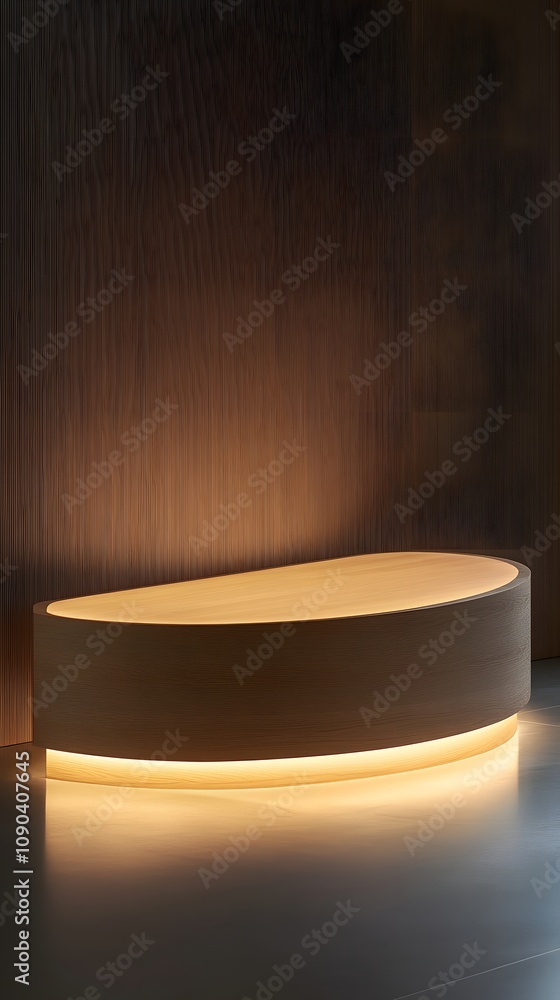 Poster 20. A simple wooden podium with soft lighting from beneath, creating an open, spacious display area for a product.