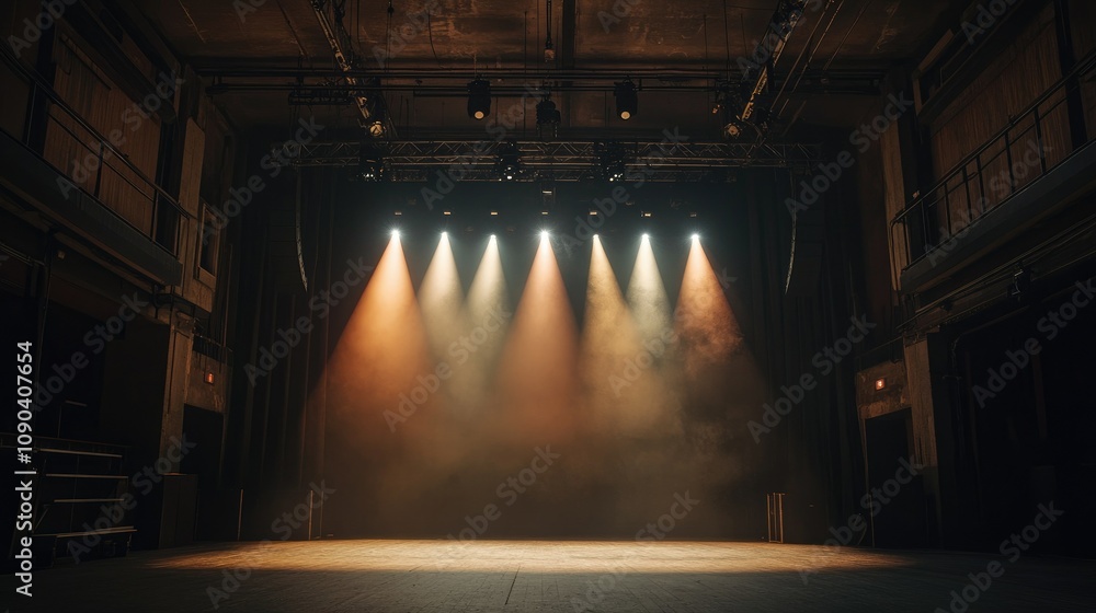 Poster dramatic empty stage with spotlights and fog for performance, theatrical displays, and stage design 