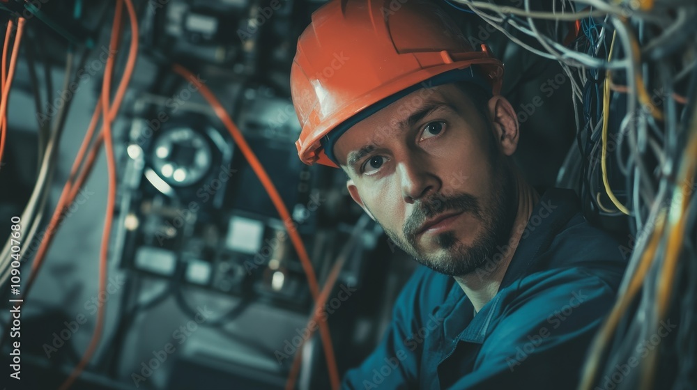 Poster a portrait of an electrician installing wiring, with a background of circuit breakers and cables, el