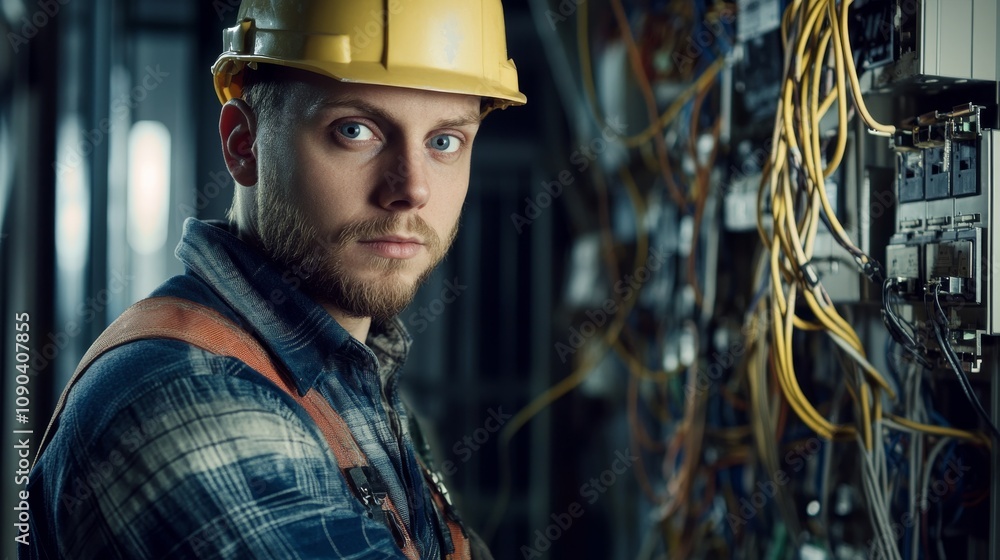 Poster a portrait of an electrician installing wiring, with a background of circuit breakers and cables, el