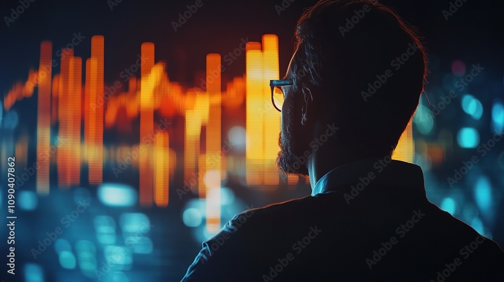 Poster business professional analyzing data trends in a futuristic digital environment with glowing graphs 