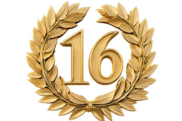  Luxurious golden number 16 surrounded by a laurel wreath, symbolizing success, celebration, and achievement, ideal for milestones, anniversaries, and prestigious events