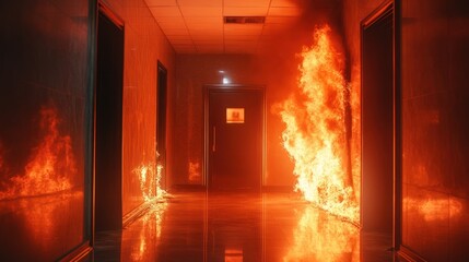Fototapeta premium A hallway engulfed in flames, illustrating a fire emergency scenario.