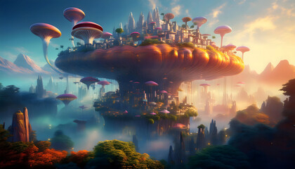 Obraz premium A floating city atop colossal mushrooms, surrounded by mist