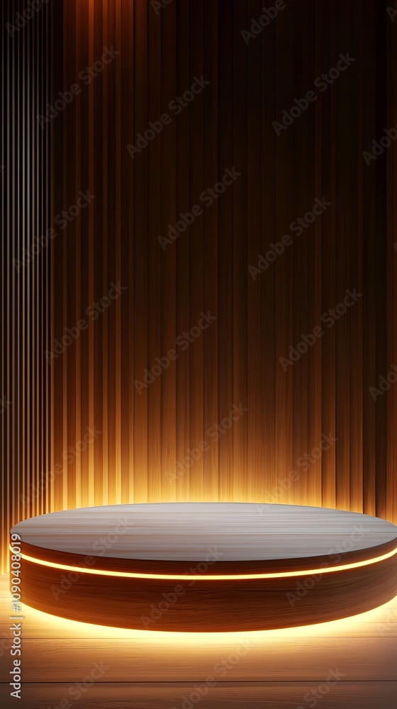 Poster 20. a simple wooden podium with soft lighting from beneath, creating an open, spacious display area 