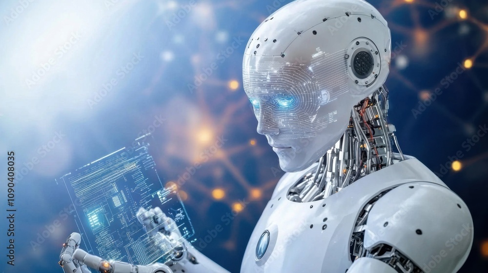 Poster futuristic robot analyzing data with digital interface