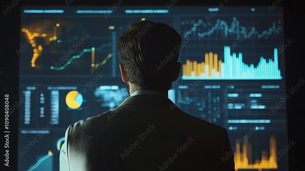 Aufkleber business analyst reviewing data visualizations on a large screen in a modern office environment, cap