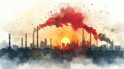Obraz premium A dramatic industrial landscape with smokestacks against a vibrant sunset