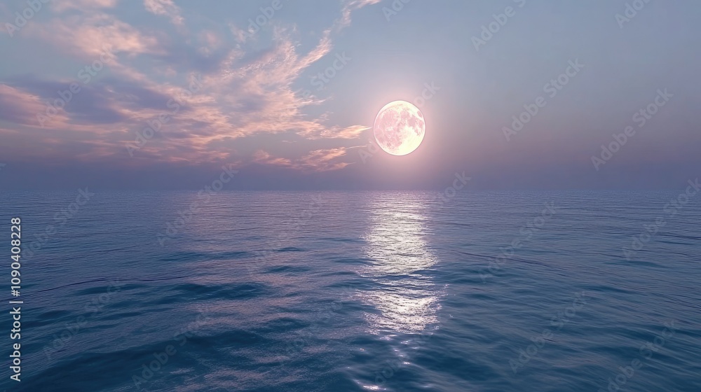 Poster serene calm of a moonlit ocean at dusk with soft clouds reflecting a beautiful glow across tranquil 