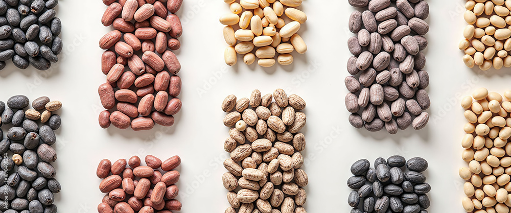 Poster a variety of nuts and beans are displayed in a row. the nuts are in different shapes and sizes, whil
