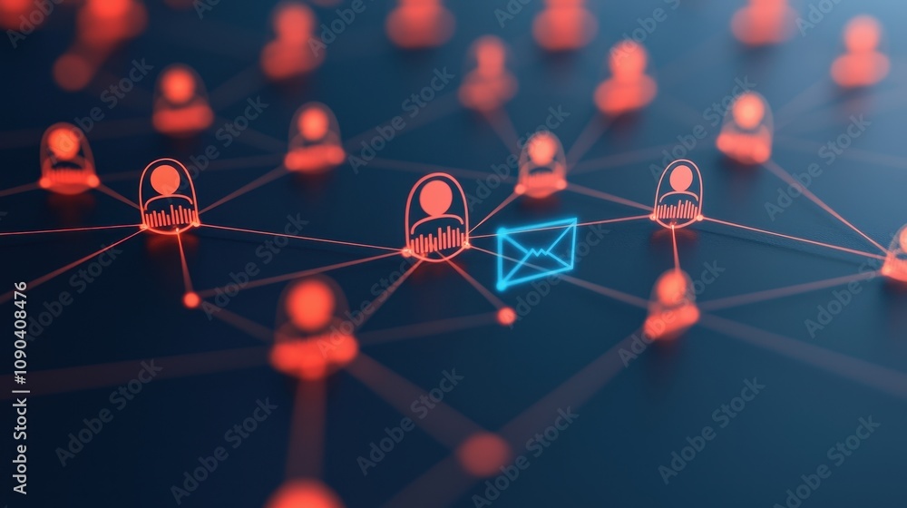 Poster a network of digital icons symbolizes secure communication, featuring highlighted email elements amo