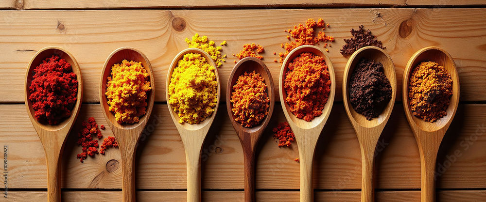 Poster a row of spoons with different spices on them. the spoons are arranged in a line and the spices are 