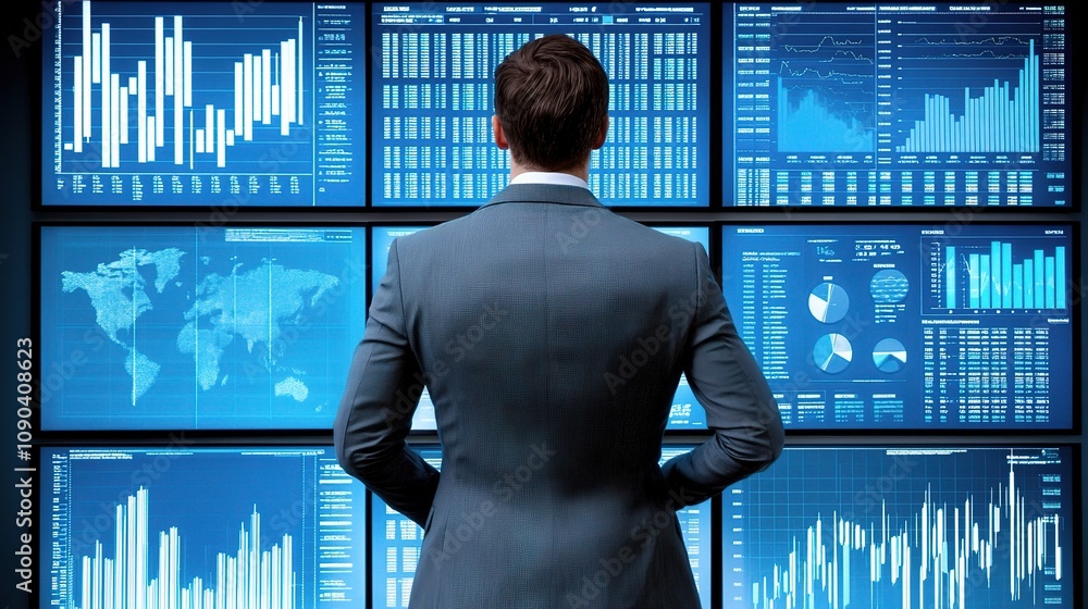 Poster business professional analyzing data on modern digital screens in high-tech office environment with 