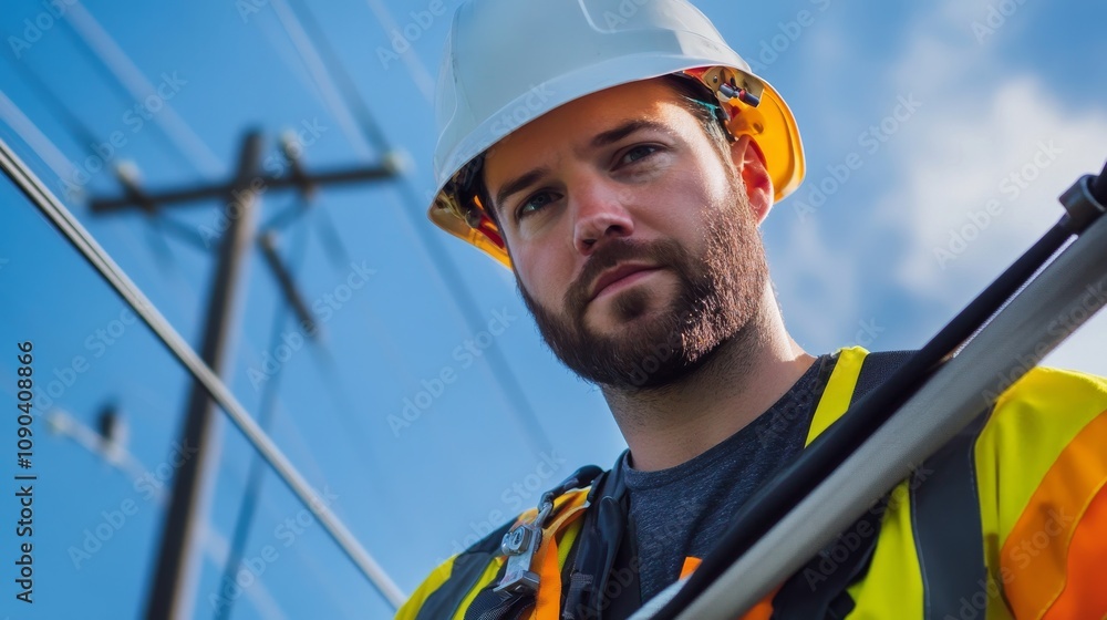 Poster a power line technician in a bucket truck, wearing a safety harness and helmet, looking into the cam