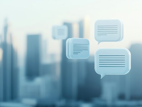 A serene cityscape featuring floating speech bubbles, symbolizing communication and connection in an urban environment.