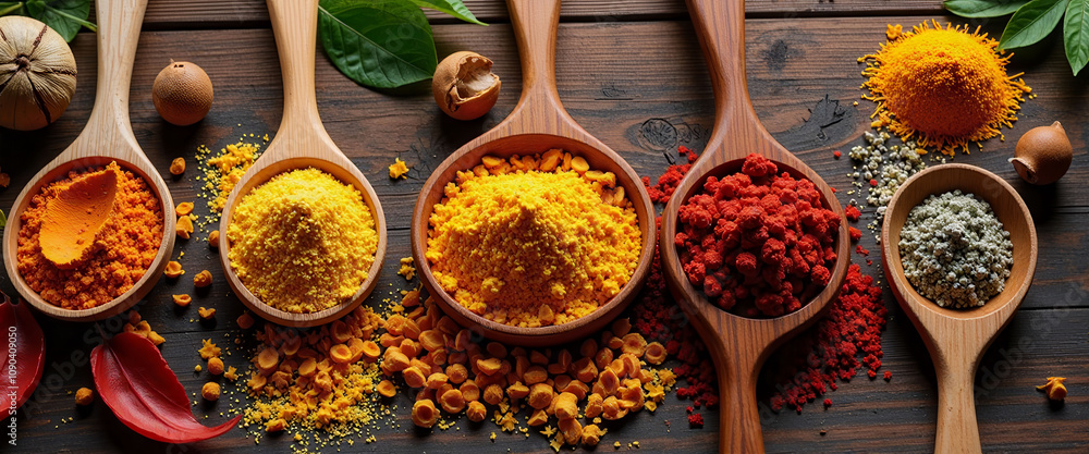 Poster a row of spoons with different spices on them. the spoons are arranged in a line and the spices are 