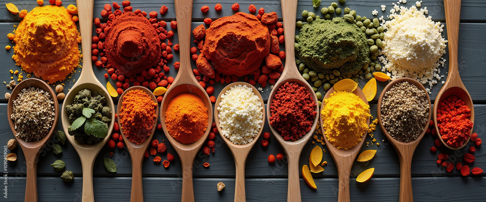 Poster a row of spoons with different spices on them. the spoons are arranged in a line and the spices are 