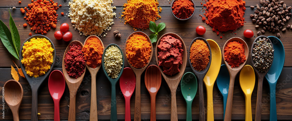 Poster a row of spoons with different spices on them. the spoons are arranged in a line and the spices are 