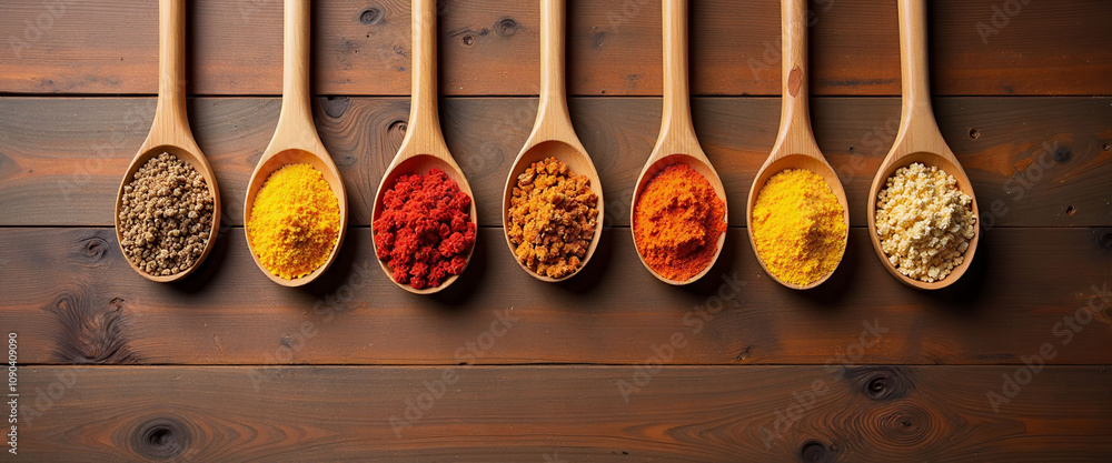 Poster a row of spoons with different spices on them. the spoons are arranged in a line and the spices are 