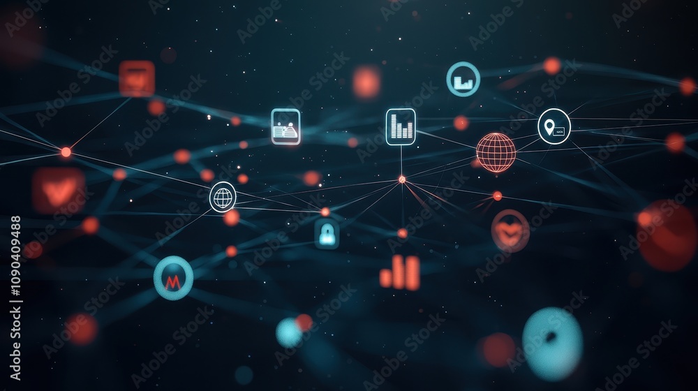 Poster a digital network of interconnected icons representing data, analytics, and technology, illustrating