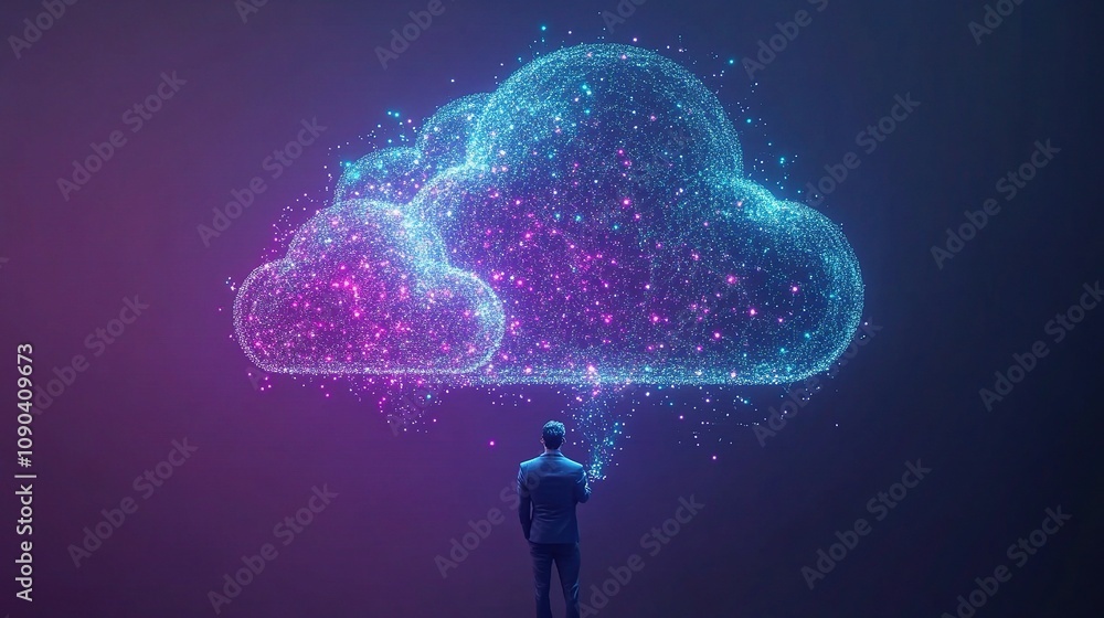 Poster digital cloud concept representing data storage and connectivity with vibrant particles and a busine
