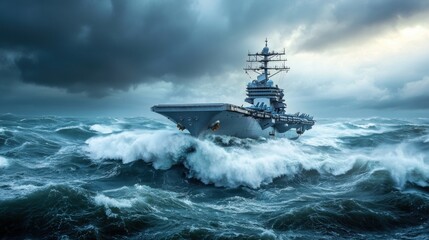 Carrier Ship Navigating Stormy Seas at Dusk