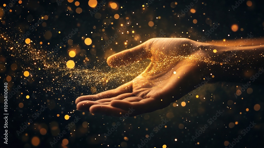 Aufkleber Glowing Hand Releasing Magical Particles, Evoking Wonder and Imagination with a Touch of Enchantment in a Dark Background Full of Bokeh Lights and Sparkles