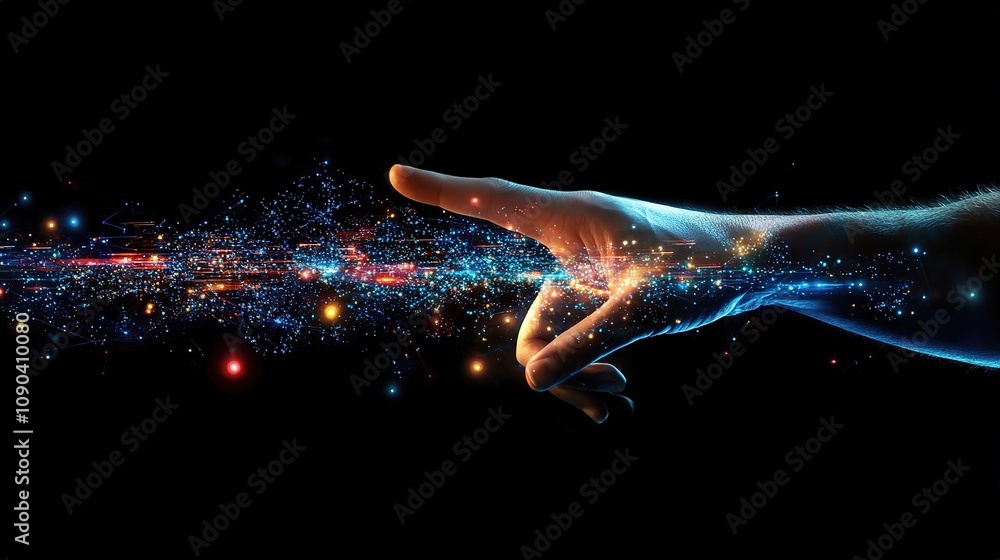 Aufkleber spectacular light beam emanating from hand with cosmic particles creating ethereal atmosphere of con