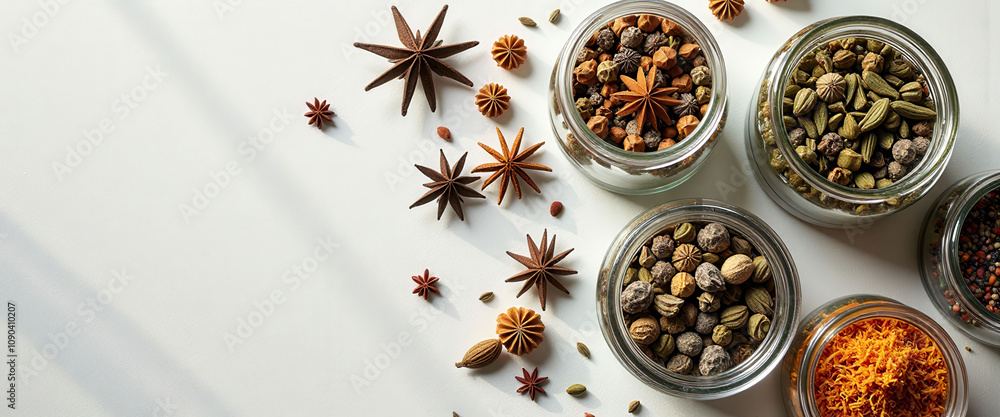 Poster a row of jars filled with spices and herbs. the jars are arranged in a line and are filled with vari