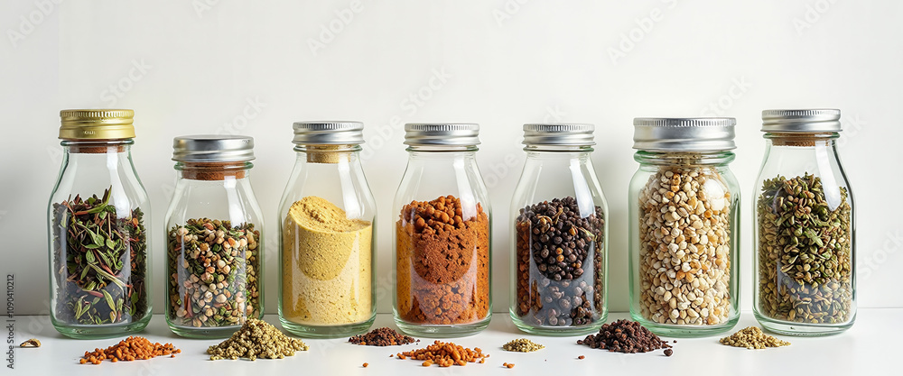 Poster a row of glass jars filled with various spices and herbs. the jars are lined up on a white table, wi