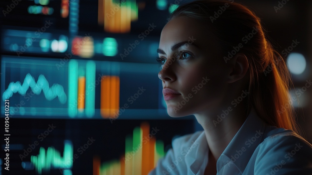 Poster focused businesswoman analyzing financial data on digital display with graphs and charts in modern o