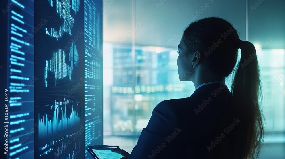 Poster professional woman analyzing data visualization on digital screen in modern office environment with 