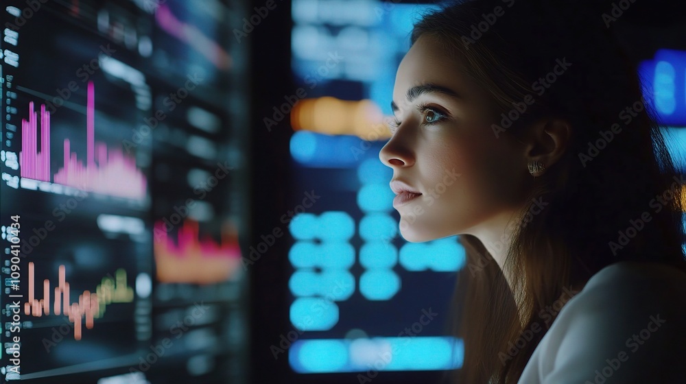 Poster young woman analyzing financial data on digital screen with colorful graphs and statistics in a mode