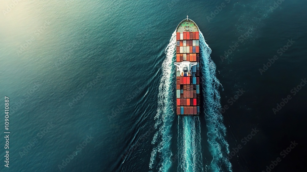 Aufkleber aerial view of a container ship navigating through calm waters with vibrant cargo containers in brig