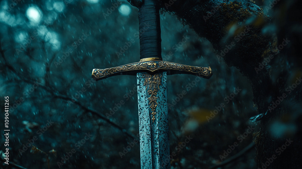 Poster Sword resting against a tree in a misty forest at dusk