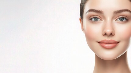 Fototapeta premium Beautiful Close-Up Portrait of a Young Woman with Radiant Skin and Soft Smile Against a Subtle Neutral Background