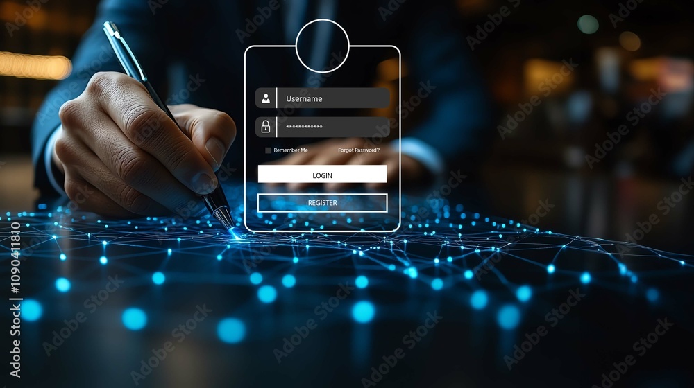 Poster a hand using a digital login interface on a futuristic blue network background.