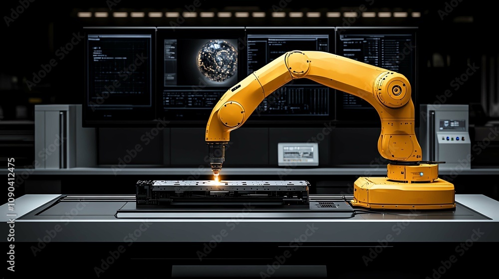 Poster a yellow robotic arm performing precision tasks in a futuristic setting.