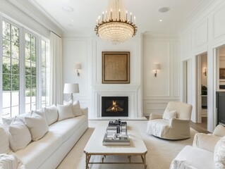 Fototapeta premium Elegant White Living Room With Fireplace And Chandelier