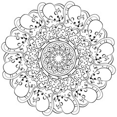 Mandala with mouse and square piece of cheese and intricate patterns, outline coloring page for relaxation and design