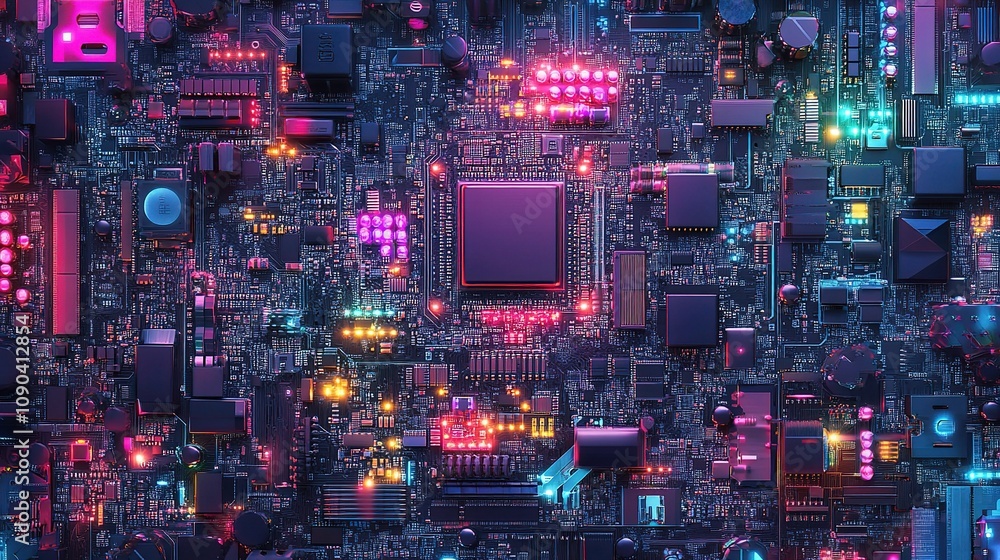 Poster high-resolution close-up of circuit board with neon lights and electronic components showcasing adva
