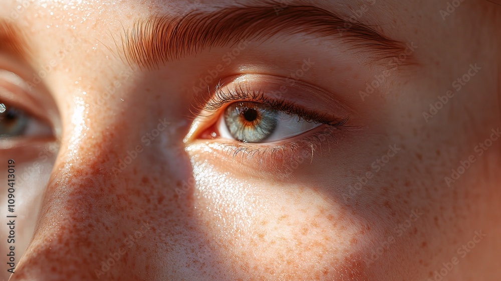 Poster close-up of a person's eye with unique color and textured skin featuring freckles illuminated by sof