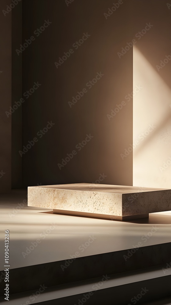 Poster 30. a minimalist podium with a smooth stone surface, under soft ambient lighting, leaving an empty s