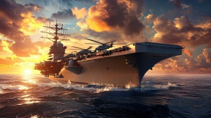 Majestic Aircraft Carrier Sailing at Sunset